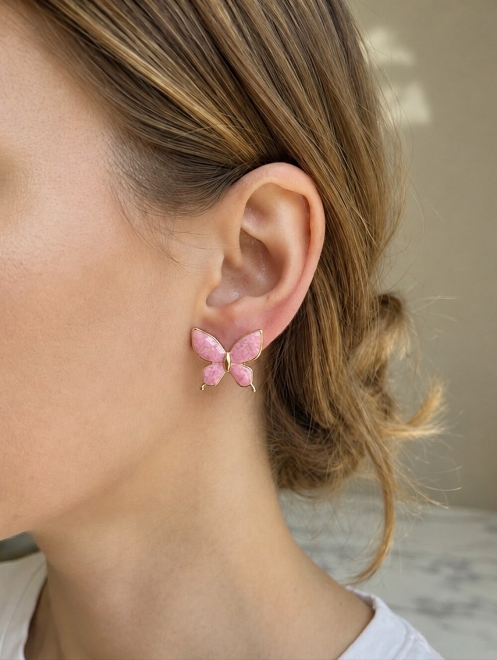 Pink Butterfly Stud Earrings Gold Plated Stainless Steel Enamel Coquette Jewelry - Picture 2 of 13